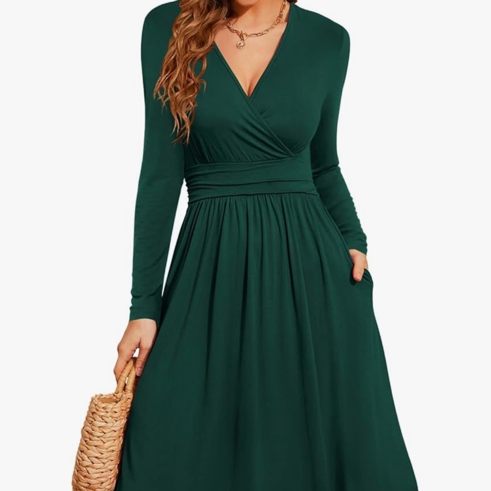 Classic Deep Green Long Sleeve Wrap Midi Dress